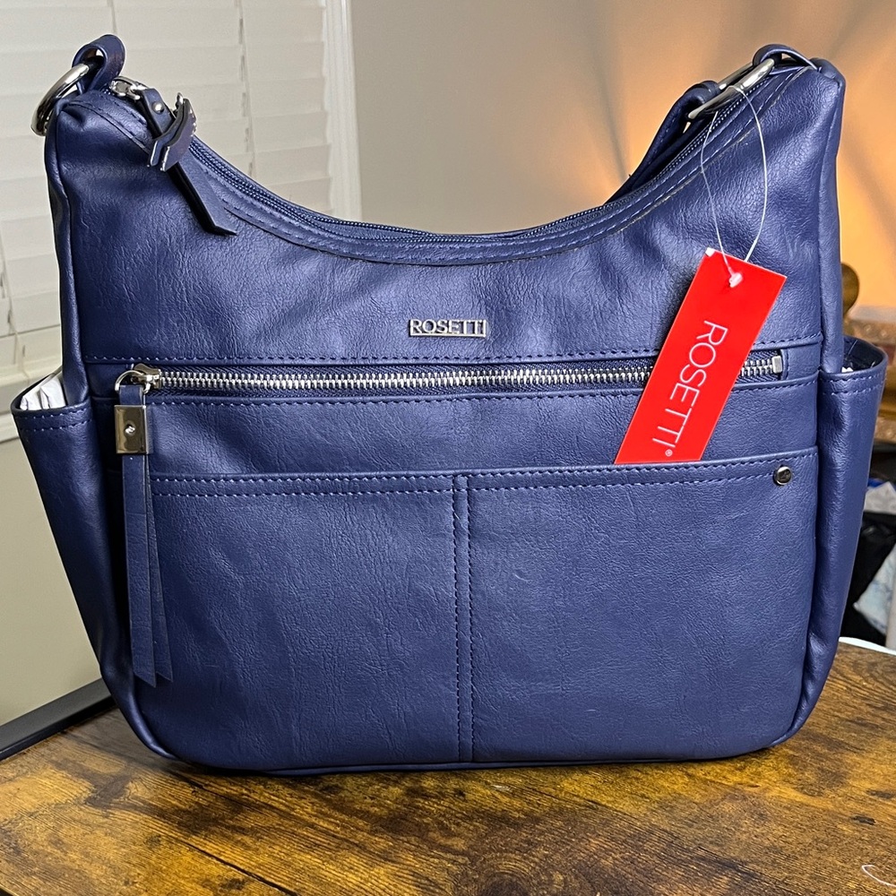 Rosetti Deep Navy Faux-Leather Shoulder Bag with Front Zip